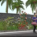 Beautiful Flowers and Green Plants with Palm Trees by Brick Wall in Roadside Scene
