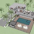 Contemporary Detached Villa With Outdoor Swimming Pool Palm Trees Sun Loungers And Striped Umbrellas