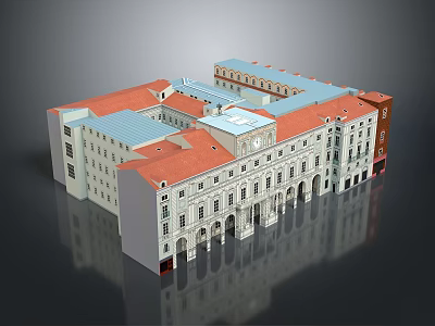 Detailed Architectural Model With Red And Blue Roofs White Exterior Walls 3d model