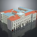 Detailed Architectural Model With Red And Blue Roofs White Exterior Walls