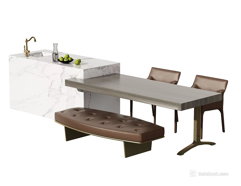 Modern Dining Table Set With Chairs Upholstered Bench And Marble Counter Island 3d model 