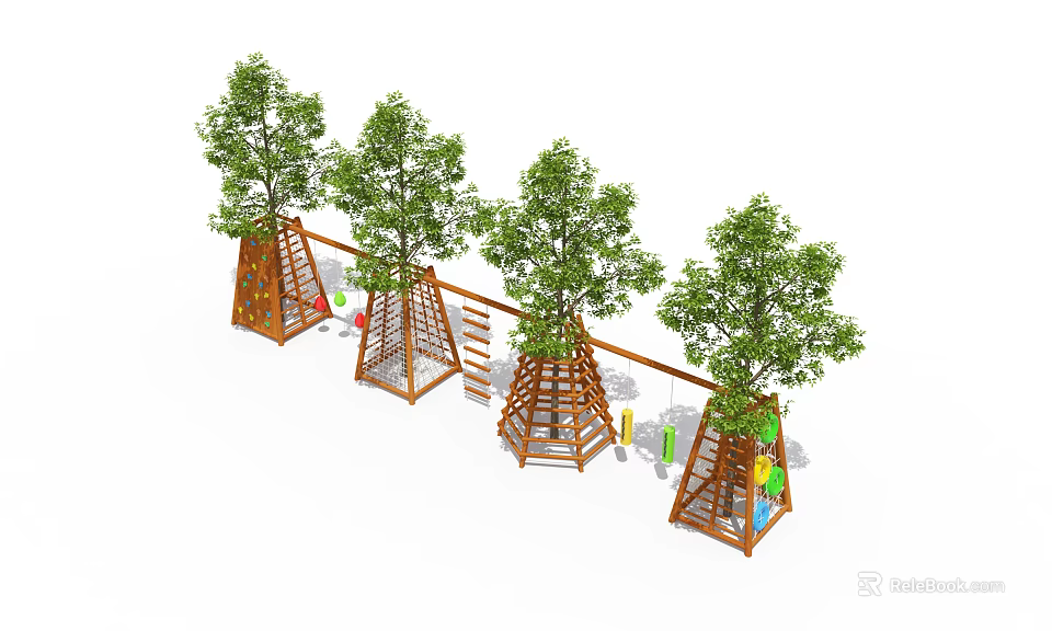 Kindergarten Outdoor Climbing Frame With Trees And Colorful Play Structures 3d model