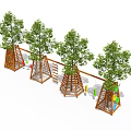 Kindergarten Outdoor Climbing Frame With Trees And Colorful Play Structures 3d model