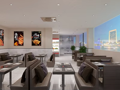 Modern Restaurant Interior With Booth Seating Dining Tables And City View Through Windows 3d model