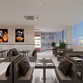 Modern Restaurant Interior With Booth Seating Dining Tables And City View Through Windows