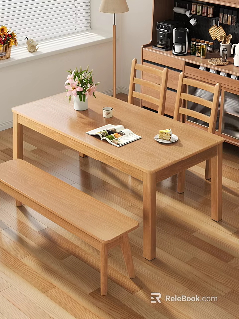 Cozy Wooden Dining Table Set With Chairs Bench Flower Vase Magazine Cake And Cup 3d model 