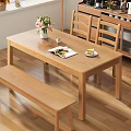 Cozy Wooden Dining Table Set With Chairs Bench Flower Vase Magazine Cake And Cup