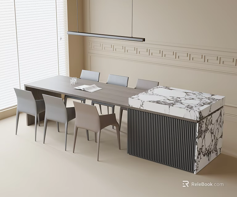 Modern Dining Table And Chairs Set With Marble Countertop Gray Seats And Decorative Wall Molding 3d model 