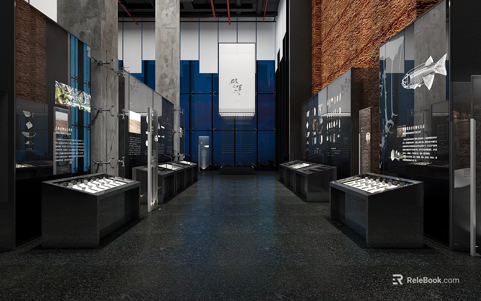 Modern Cultural Center Interior Exhibition With Glass Display Cases Lighting And Artworks 3d model 