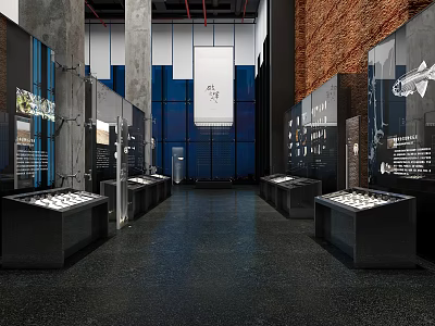 Modern Cultural Center Interior Exhibition With Glass Display Cases Lighting And Artworks 3d model