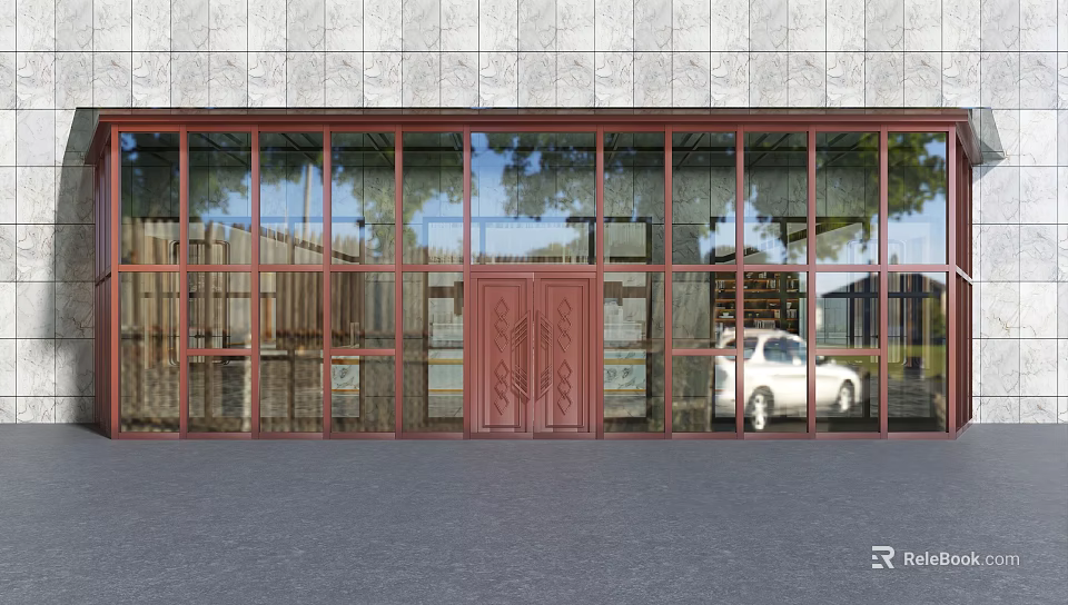 Carved Red Double Doors With Glass Windows In Grey Stone Facade Reflecting Trees And Car 3d model 