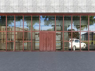 Carved Red Double Doors With Glass Windows In Grey Stone Facade Reflecting Trees And Car 3d model