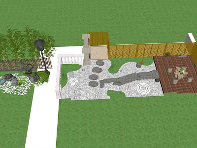 Beautiful Garden Ornamental Features With Stone Path Rockery Water Wooden Deck And Green Plants 3d model