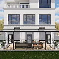 Modern Patio Garden With Glass Enclosed Pergola White Building Large Windows Lawn And Outdoor Furniture