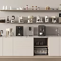 Modern White Kitchen Countertop With Various Appliances Coffee Makers Blenders And Shelves