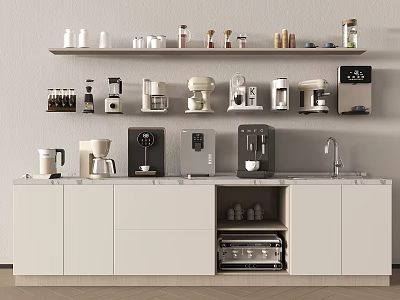 Modern White Kitchen Countertop With Various Appliances Coffee Makers Blenders And Shelves 3d model