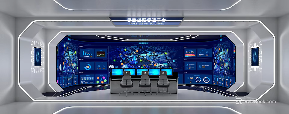 Modern Monitoring Room With Multiple Screens Data Charts Control Console And Chairs 3d model 
