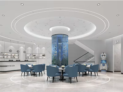 Hospital Outpatient Waiting Area With Blue Chairs Circular Layout Modern Ceiling Design And Service Robot 3d model
