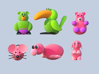 Colorful Green And Pink Stuffed Animal Toys With Bear Bird Mouse Rabbit Designs 3d model