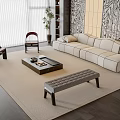 Modern Beige Sofa and Coffee Table Set with Bench Rug Patterned Wall and Potted Plant 3d model