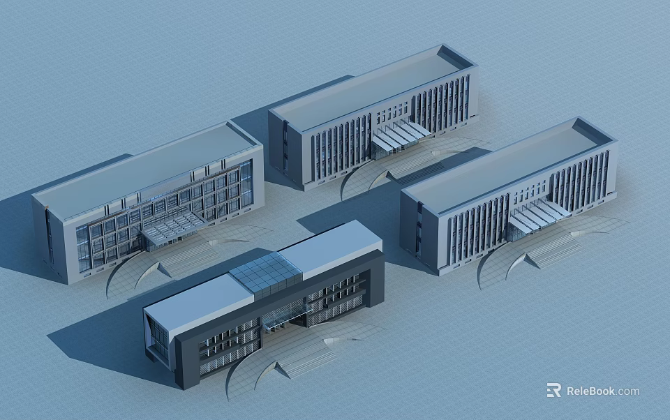 Modern Office Building Complex With Glass Facade And Geometric Design Structures 3d model 