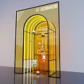 Yellow Display Cabinet with Arched Door Featuring Trendy Toy Figures and Sweet Box Design