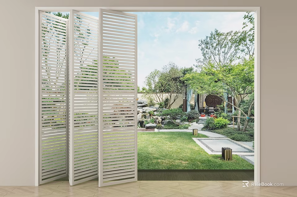 Open White Louvered Folding Door Connecting Indoor Outdoor Garden View 3d model 
