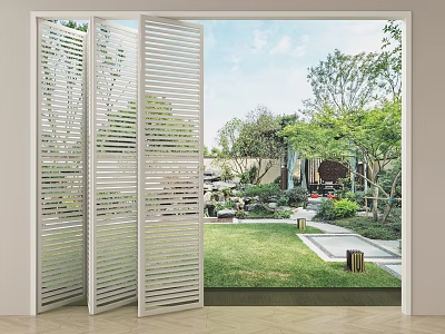 Open White Louvered Folding Door Connecting Indoor Outdoor Garden View 3d model