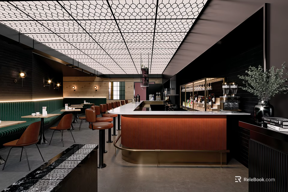 Modern Café Interior With Orange Bar Counter Green Seats And Grid Ceiling Design 3d model 