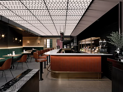 Modern Café Interior With Orange Bar Counter Green Seats And Grid Ceiling Design 3d model