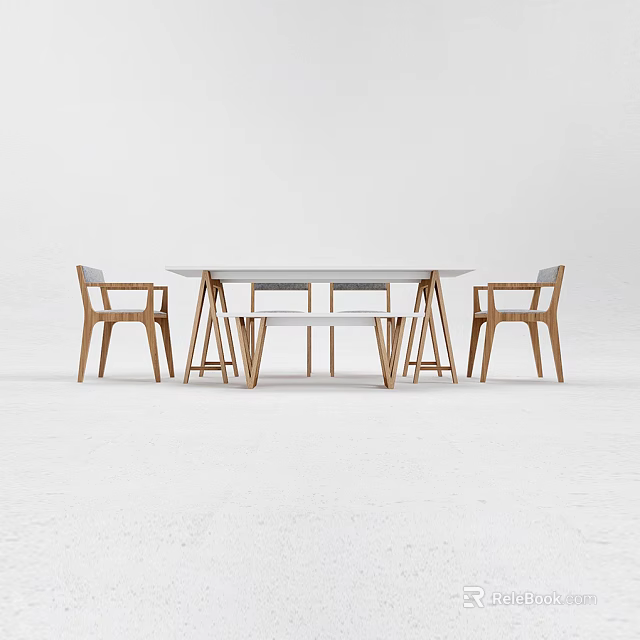 Modern Dining Table Set With White Tabletop Wooden Chairs And Bench 3d model