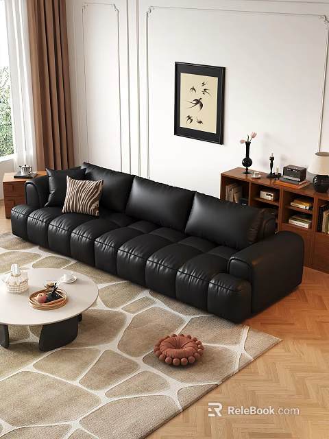 Black Leather Sectional Sofa in Modern Living Room Interior with Decorative Pillows and Coffee Table 3d model 