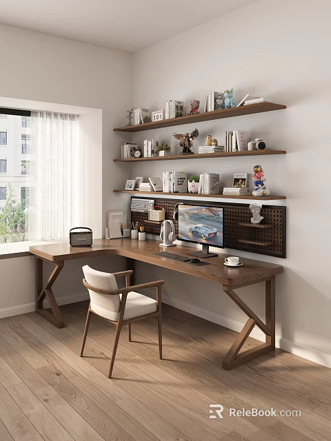 Modern Study Room Interior With Wooden Desk Computer Monitor And Decorative Shelves 3d model 