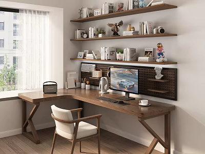 Modern Study Room Interior With Wooden Desk Computer Monitor And Decorative Shelves 3d model