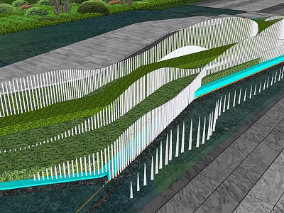 Modern Garden Feature With Wavy Green Vegetation And White Fence Structure 3d model