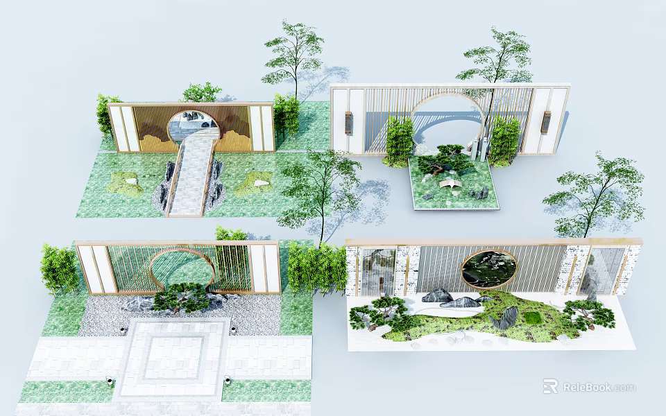 Scenic Wall Design With Circular Openings Green Plants And Garden Landscape 3d model 