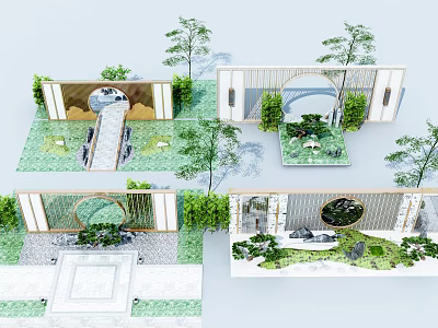 Scenic Wall Design With Circular Openings Green Plants And Garden Landscape 3d model