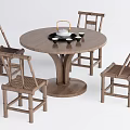 Rustic Round Wooden Dining Table Set with Four Woven Chairs and Tea Set 3d model