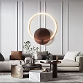 Elegant Modern Living Room Interior With Beige Sofa Coffee Table And Circular Wall Lighting