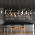 Play Club Bar Area With Hanging Wine Bottles And Metal Stools