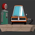 Orange Cartoon Car Refueling At Gas Station With Red Sign Green Text On Rock Platform