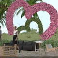 Rural Landscape With Pink Flower Heart Green Plant Shapes Palm Trees And Outdoor Furniture