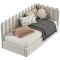 Upholstered Kids Bed with Scalloped Headboard Soft Pink Beige Design Cozy Pillows and Warm Blankets