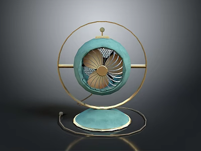 Modern Teal And Gold Electric Fan Featuring Circular Frame And Stable Base 3d model