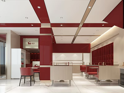 Red And White Restaurant Interior Design With Tables Chairs And Decorative Walls 3d model