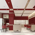 Red And White Restaurant Interior Design With Tables Chairs And Decorative Walls