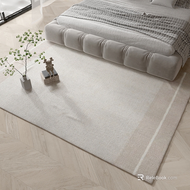 Square Light Beige Rug in Bedroom with Soft Bedside Plant and Herringbone Wooden Floor 3d model 