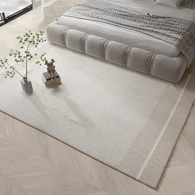 Square Light Beige Rug in Bedroom with Soft Bedside Plant and Herringbone Wooden Floor 3d model