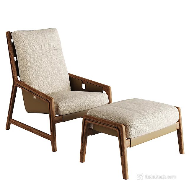 Modern Minimalist Lounge Chair With Ottoman And Wooden Frame Beige Upholstered Seat 3d model 