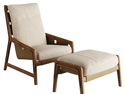 Modern Minimalist Lounge Chair With Ottoman And Wooden Frame Beige Upholstered Seat 3d model